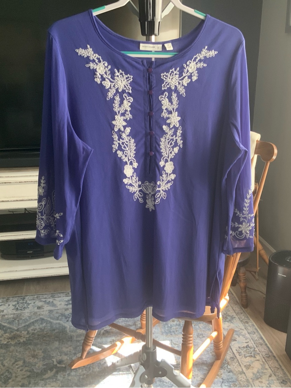 Susan Graver Embroidered Purple Women's Tunic Top - White Floral Detail